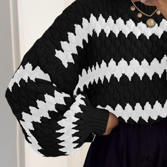 Textured Black White Striped Round Neck Sweater sz 2X | Cozy Knit Top ( Reg & Pl - Picture 2 of 3